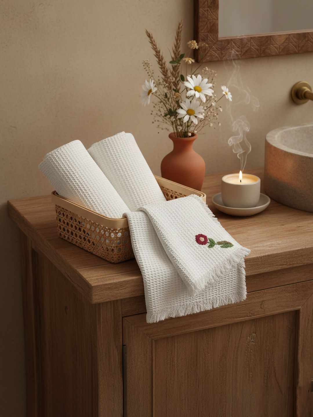 DESIGN GAATHA 2Pcs White & RedEmbroidered Soft Cotton 300-GSM Waffled Hand Towels-image-28
