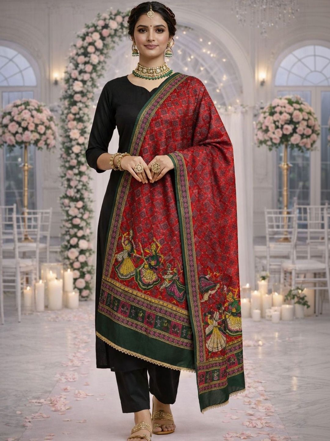 HERE&NOW Ethnic Motifs Printed Kalamkari Dupatta with Gotta Patti-picture-40