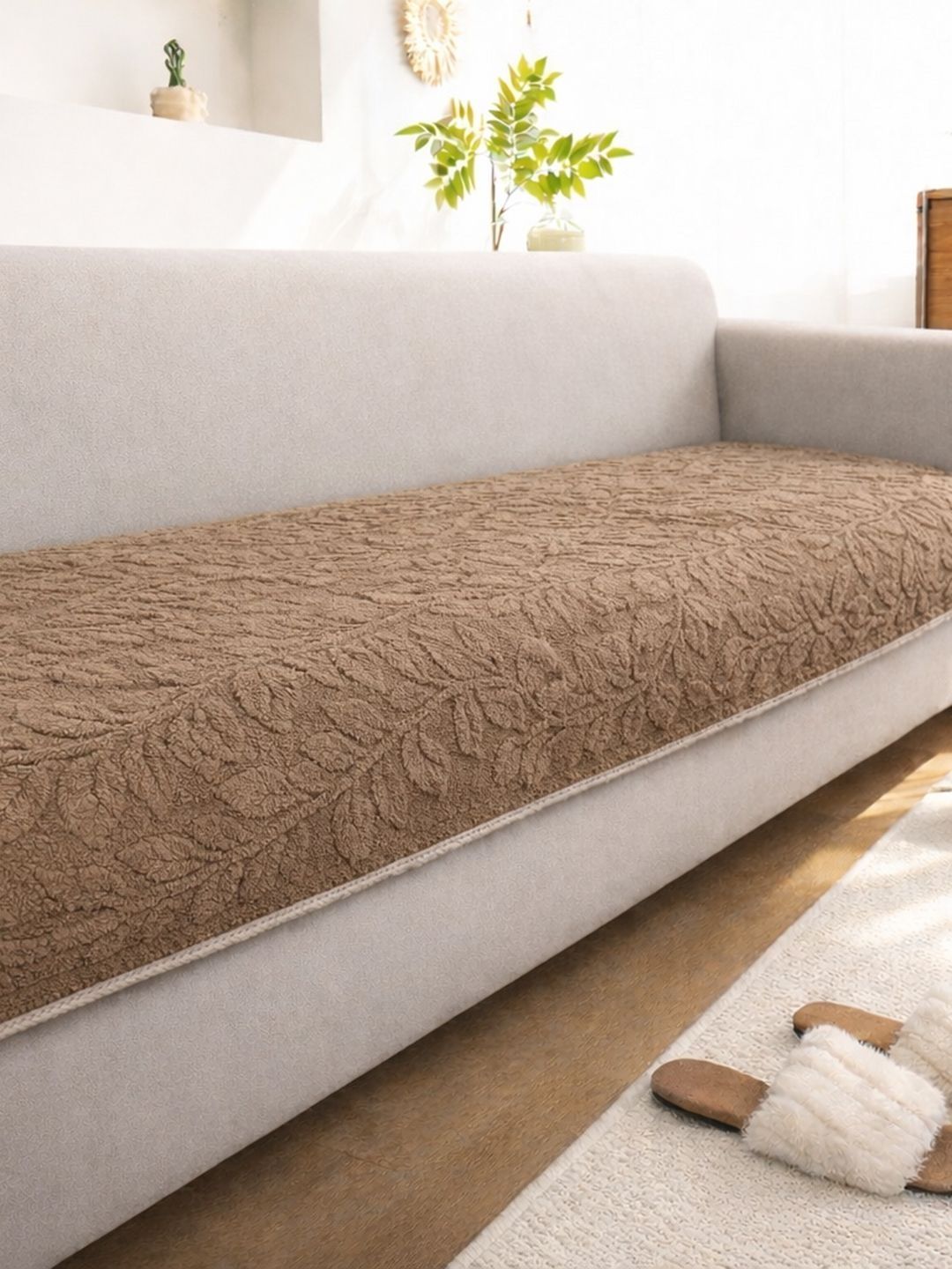 Cortina Coffee Brown & Brown Embroidered Microfibre Blend 1 Piece Sofa Cover Without Arms