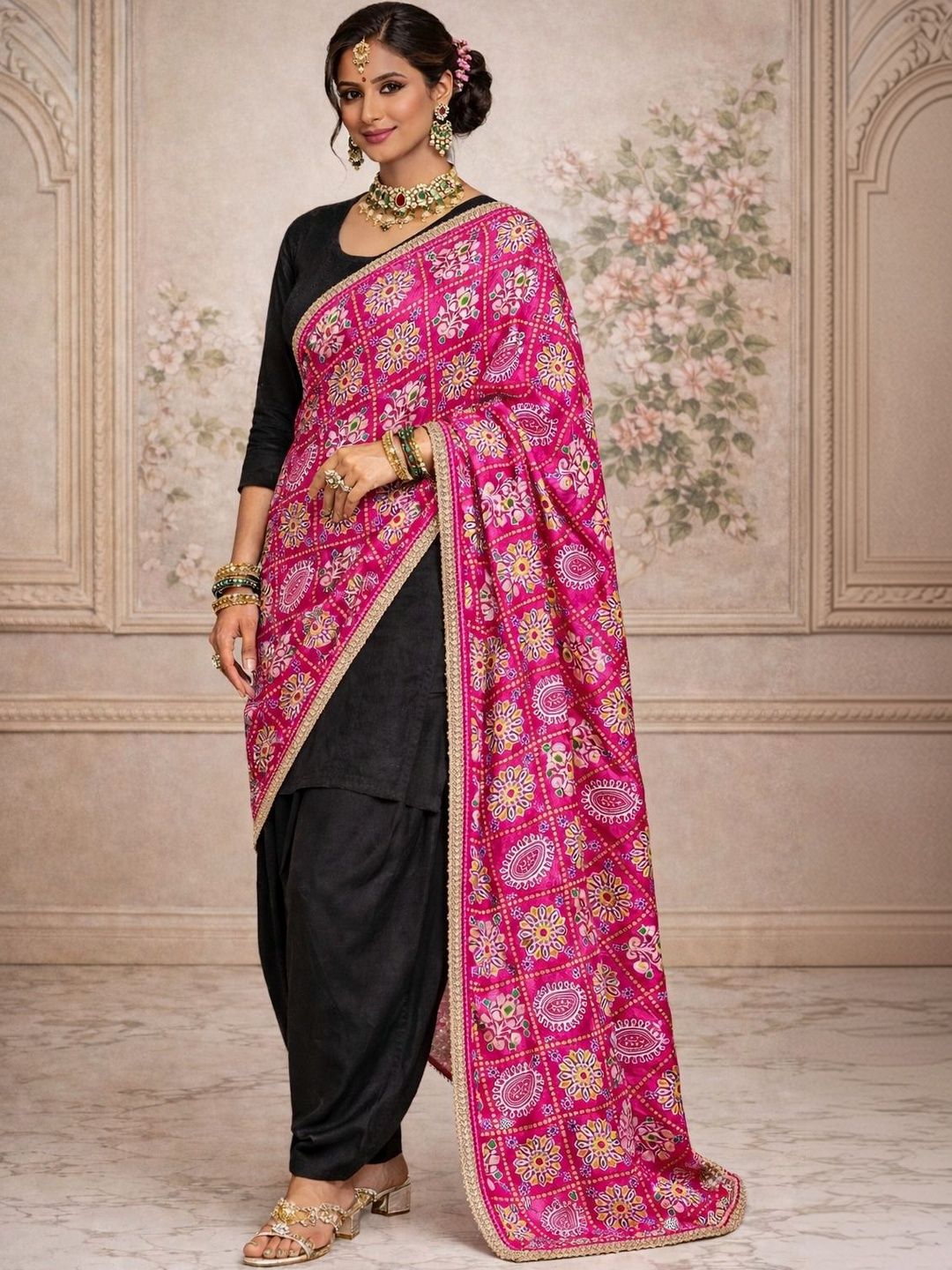 HERE&NOW Ethnic Motifs Embroidered Kalamkari Dupatta with Phulkari-picture-48