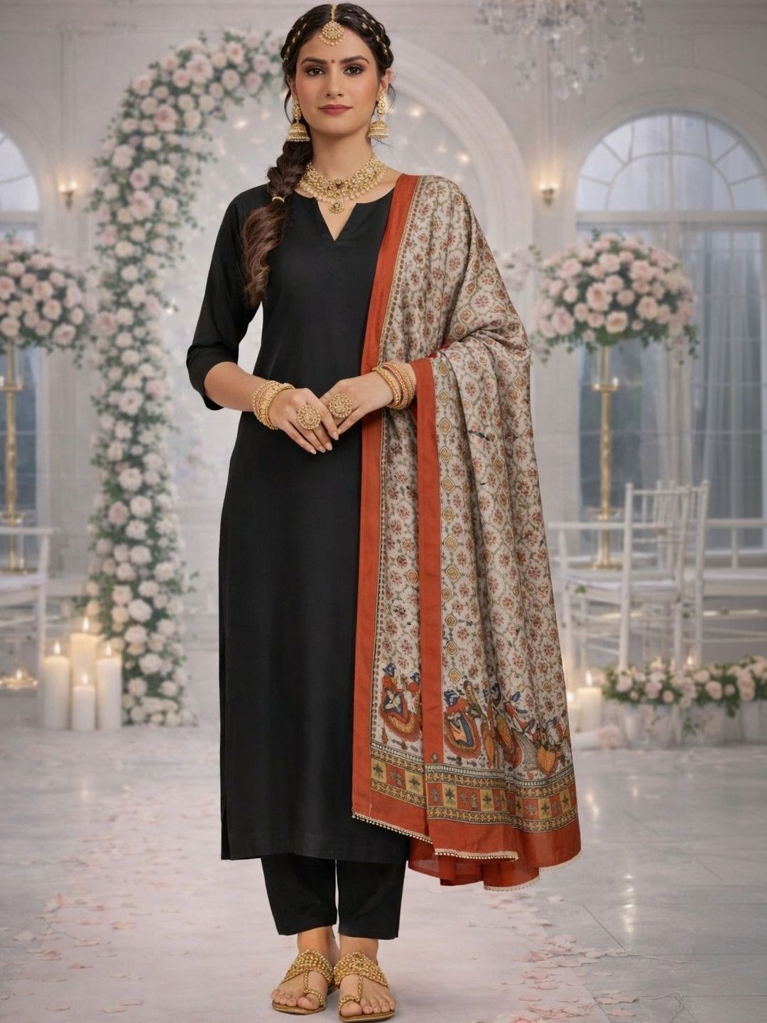 HERE&NOW Ethnic Motifs Printed Kalamkari Dupatta-picture-39