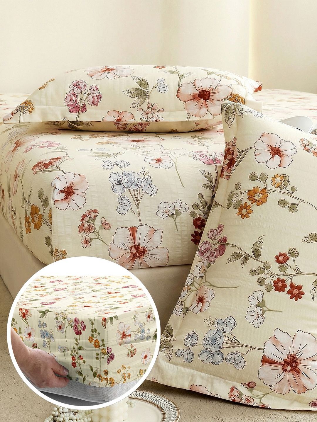 Story@home Off White & Red Floral 210 TC King Bedsheet with 2 Pillow Covers-image-28