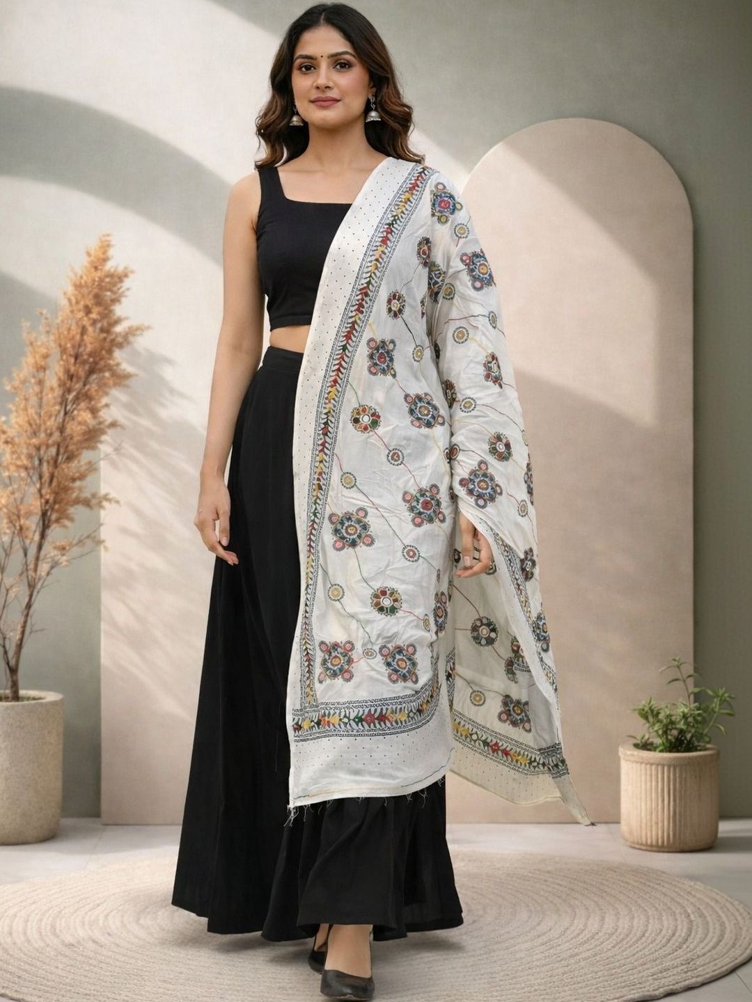 HERE&NOW Ethnic Motifs Printed Dupatta with Mirror Work-picture-29