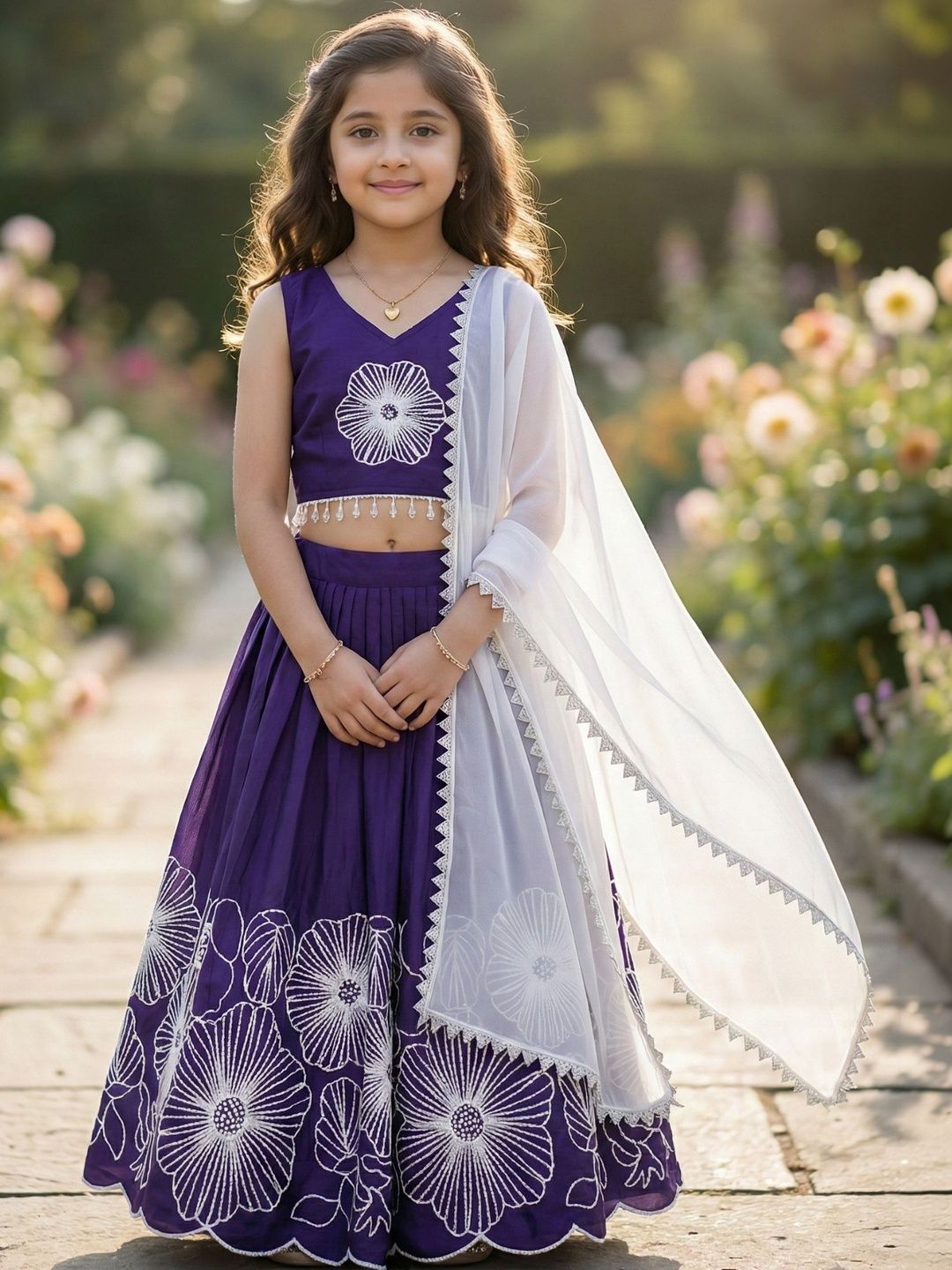 KALINI Girls Embroidered Thread Work Ready to Wear Lehenga & Blouse With Dupatta