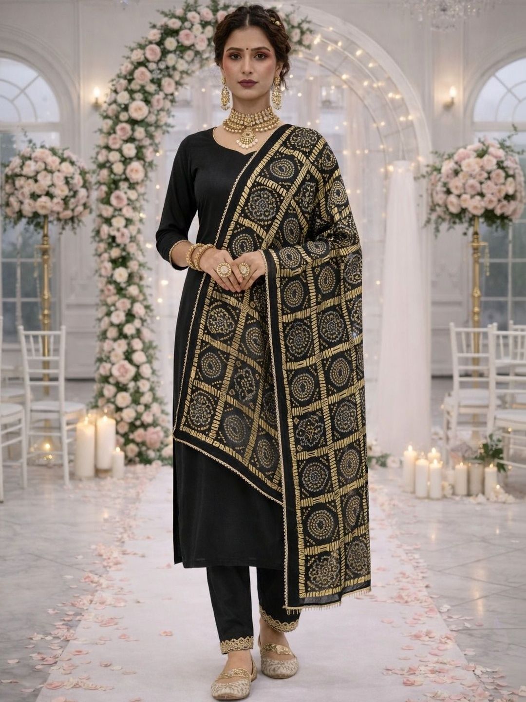 HERE&NOW Ethnic Motifs Woven Design Bandhani Dupatta with Zari-picture-31