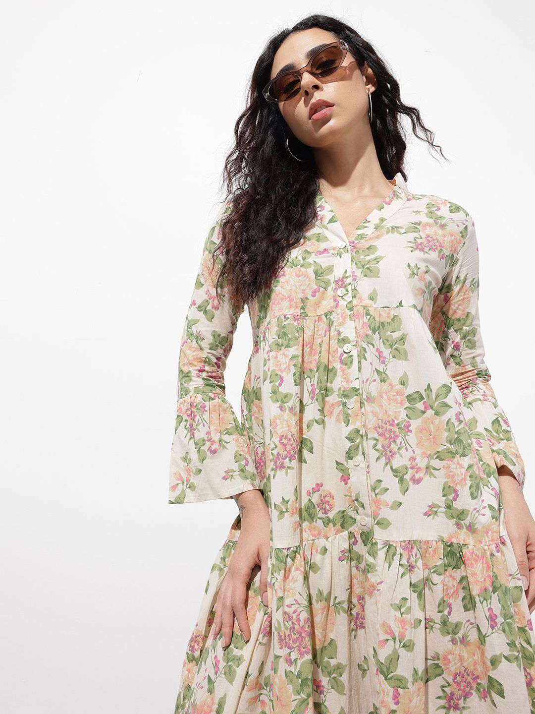 The Roadster Life Co. Floral Printed Mandarin Collar Bell Sleeve Fit & Flare Midi Dress-image-44
