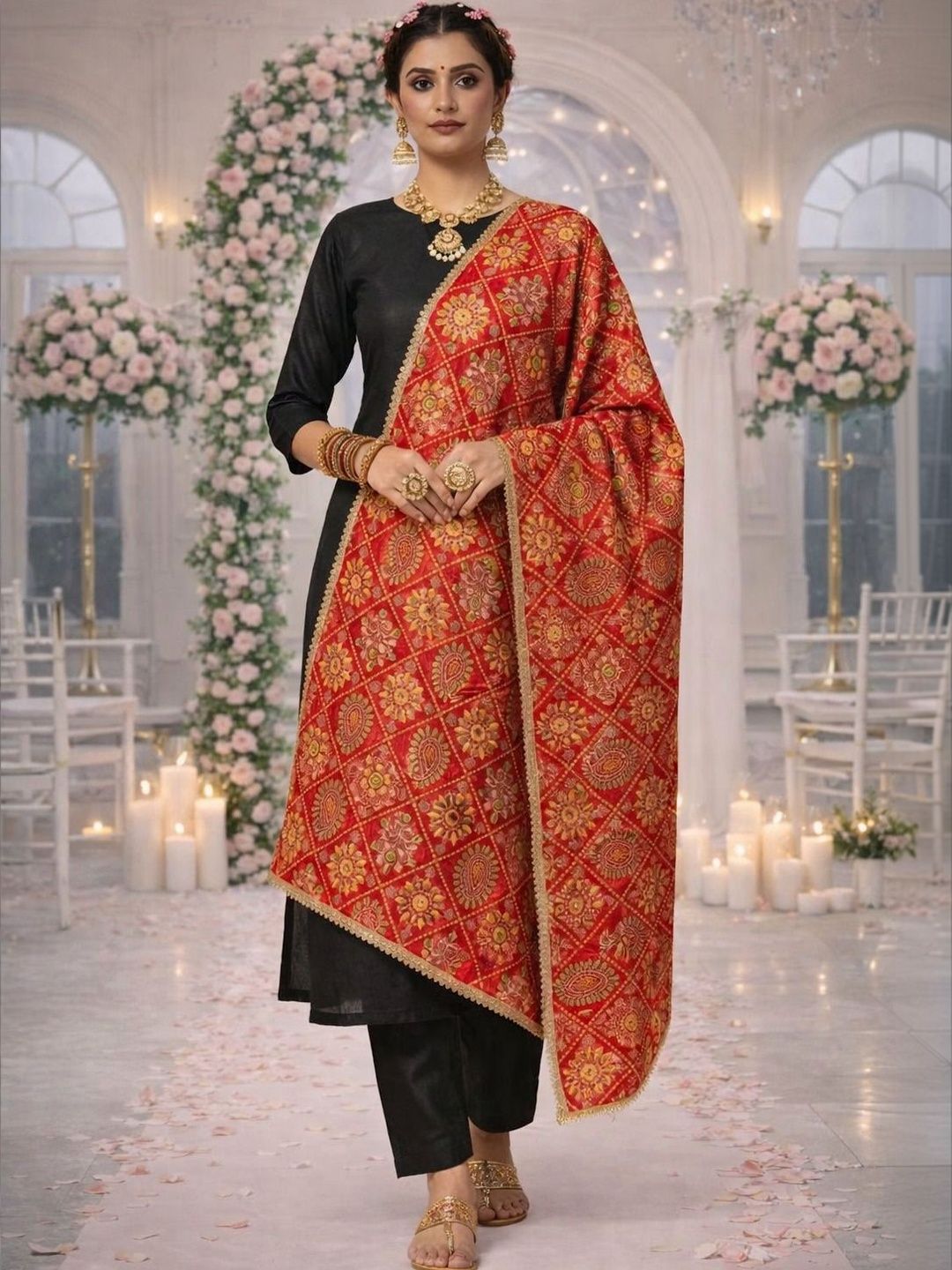 HERE&NOW Ethnic Motifs Woven Design Kalamkari Dupatta with Zari-picture-56
