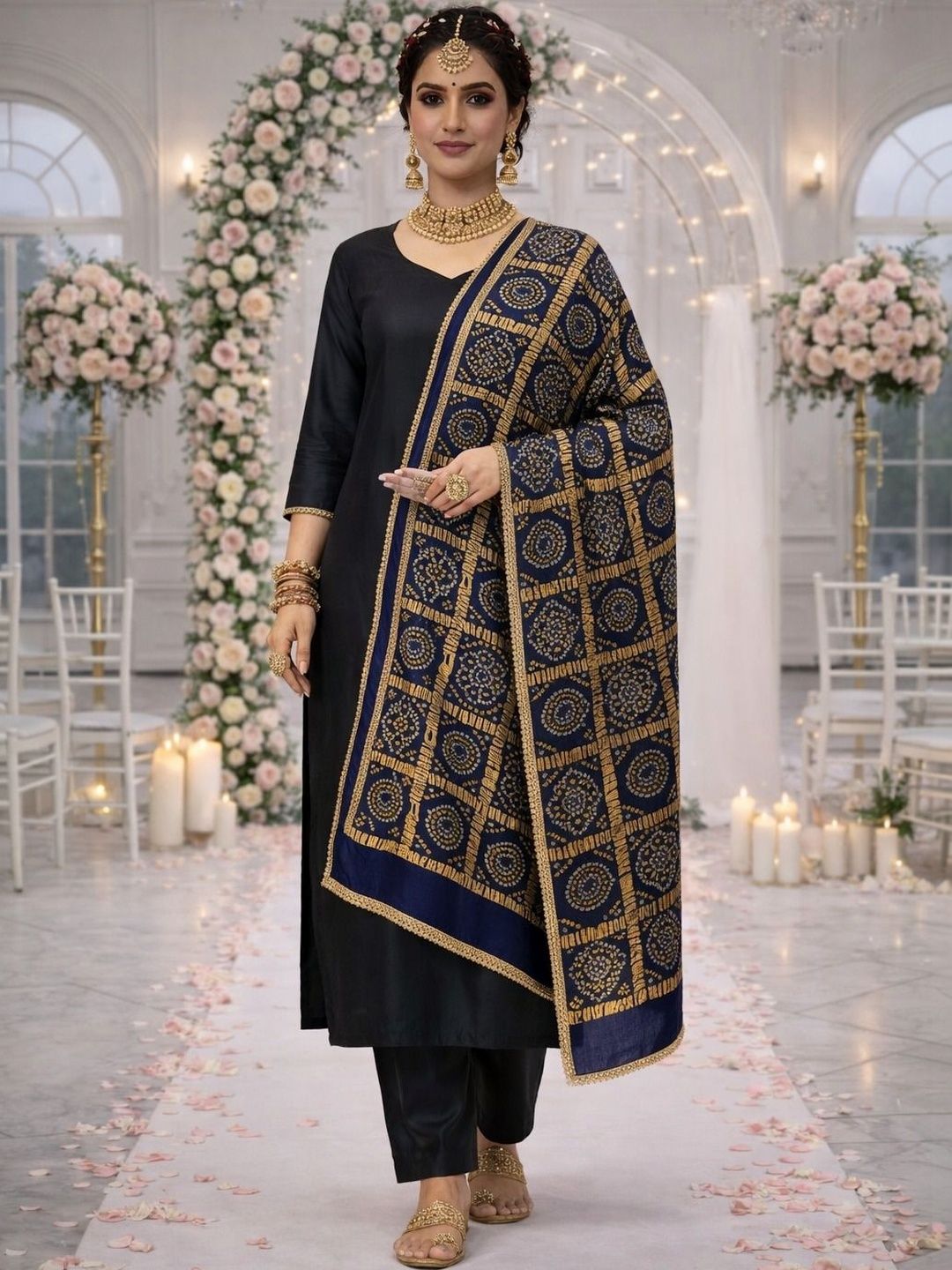HERE&NOW Ethnic Motifs Woven Design Bandhani Dupatta with Zari-picture-18