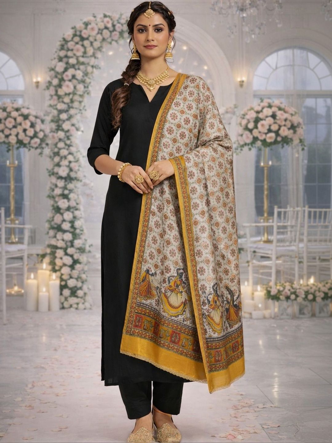 HERE&NOW Ethnic Motifs Printed Kalamkari Dupatta-picture-26