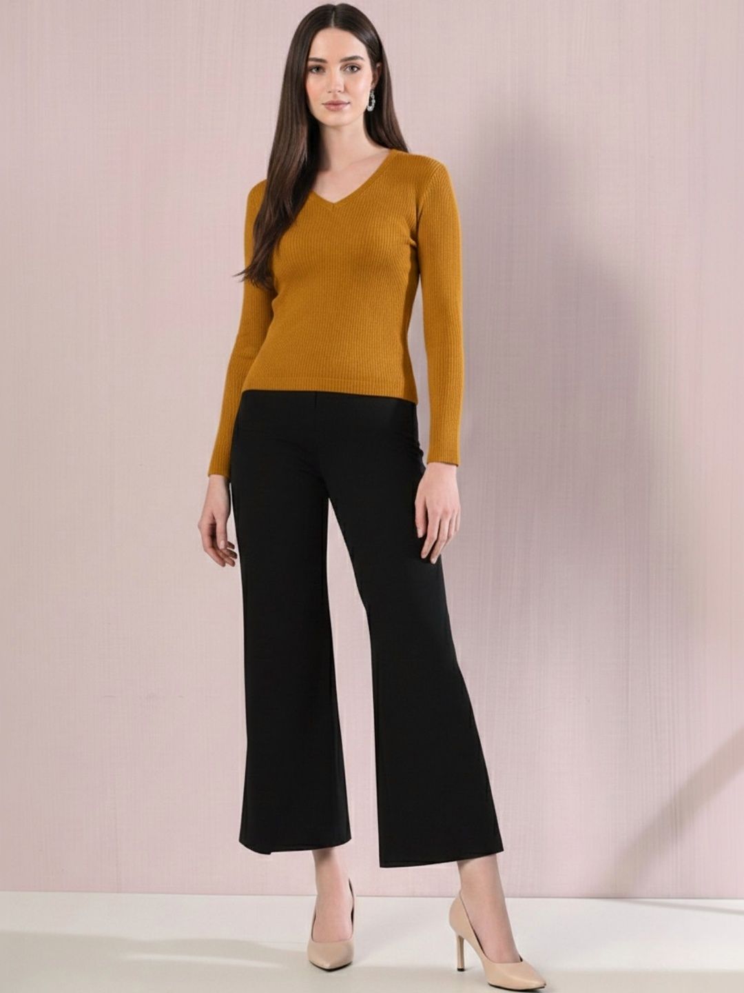 The Roadster Lifestyle Co Ribbed Pure Cotton V Neck Tops-picture-11