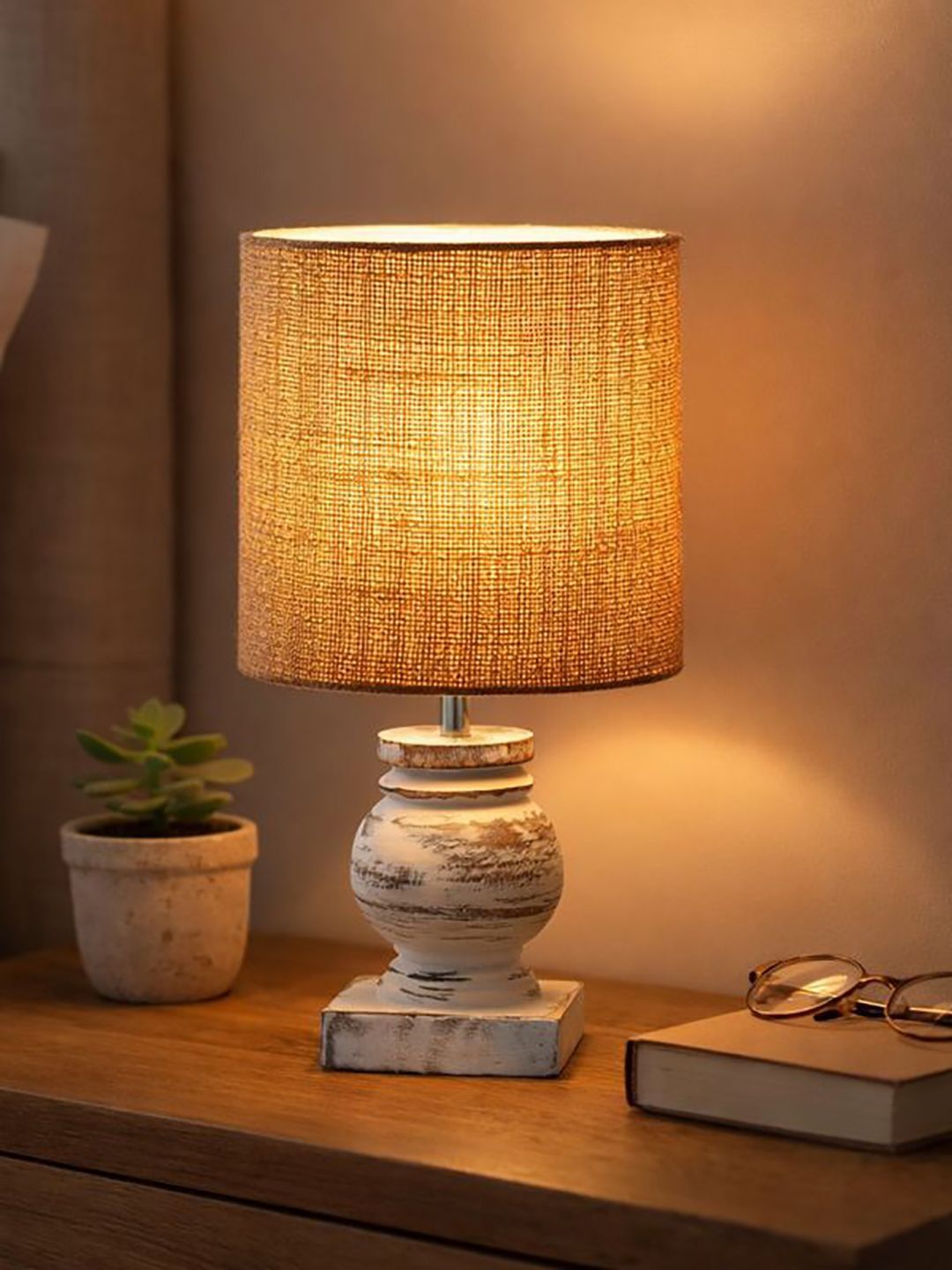 Decorcity White Textured Wood Cylindrical Shaped Table Lamp with Bulb-picture-37