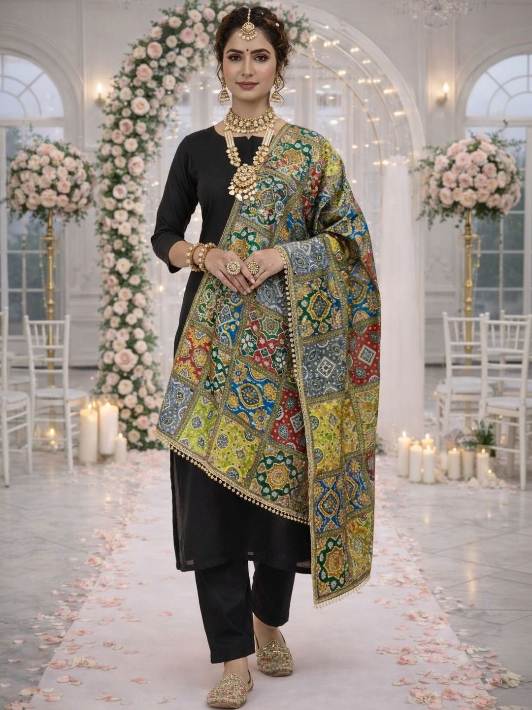 HERE&NOW Ethnic Motifs Woven Design Kalamkari Dupatta with Zari-picture-19