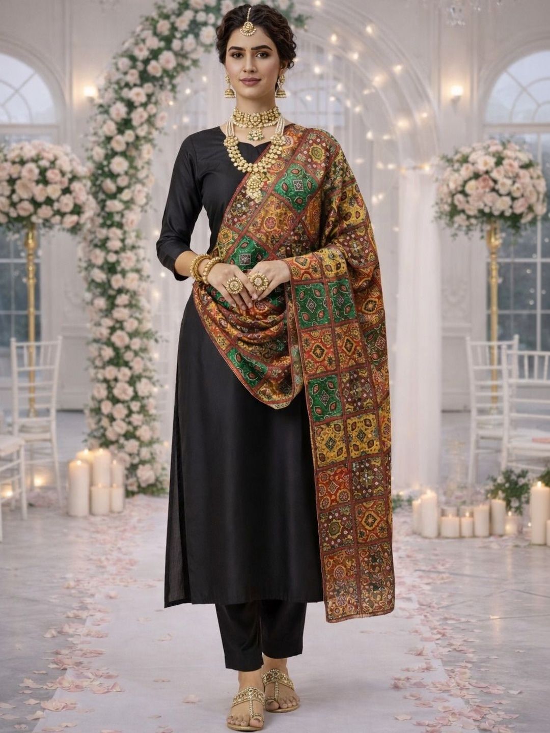 HERE&NOW Ethnic Motifs Printed Kalamkari Dupatta with Gotta Patti-picture-35