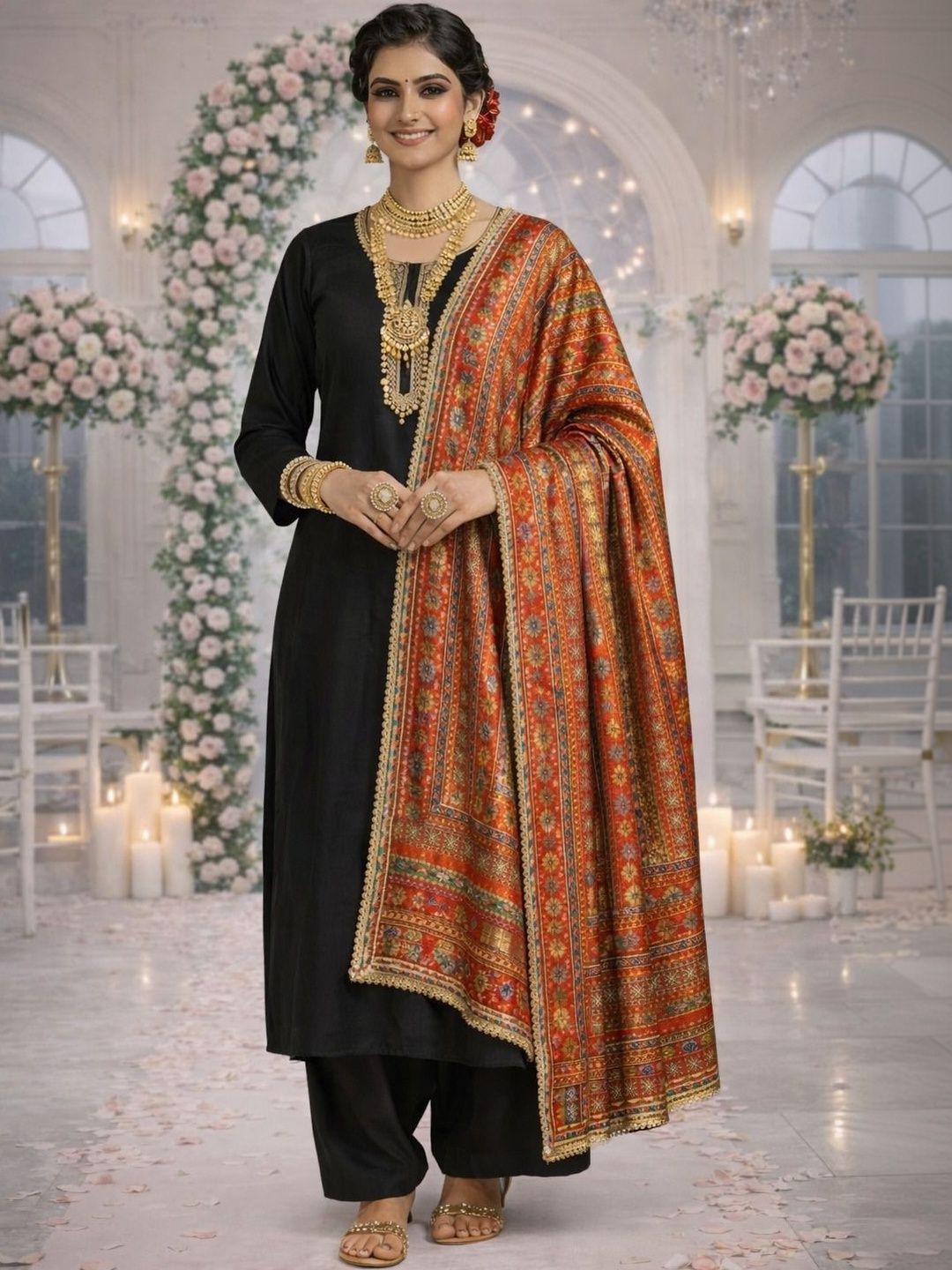 HERE&NOW Ethnic Motifs Woven Design Kalamkari Dupatta with Zari-picture-20