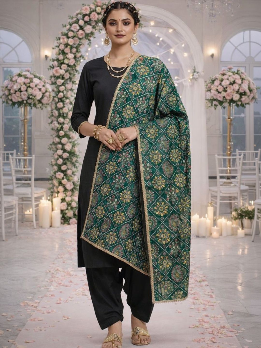 HERE&NOW Ethnic Motifs Printed Kalamkari Dupatta with Gotta Patti-picture-15