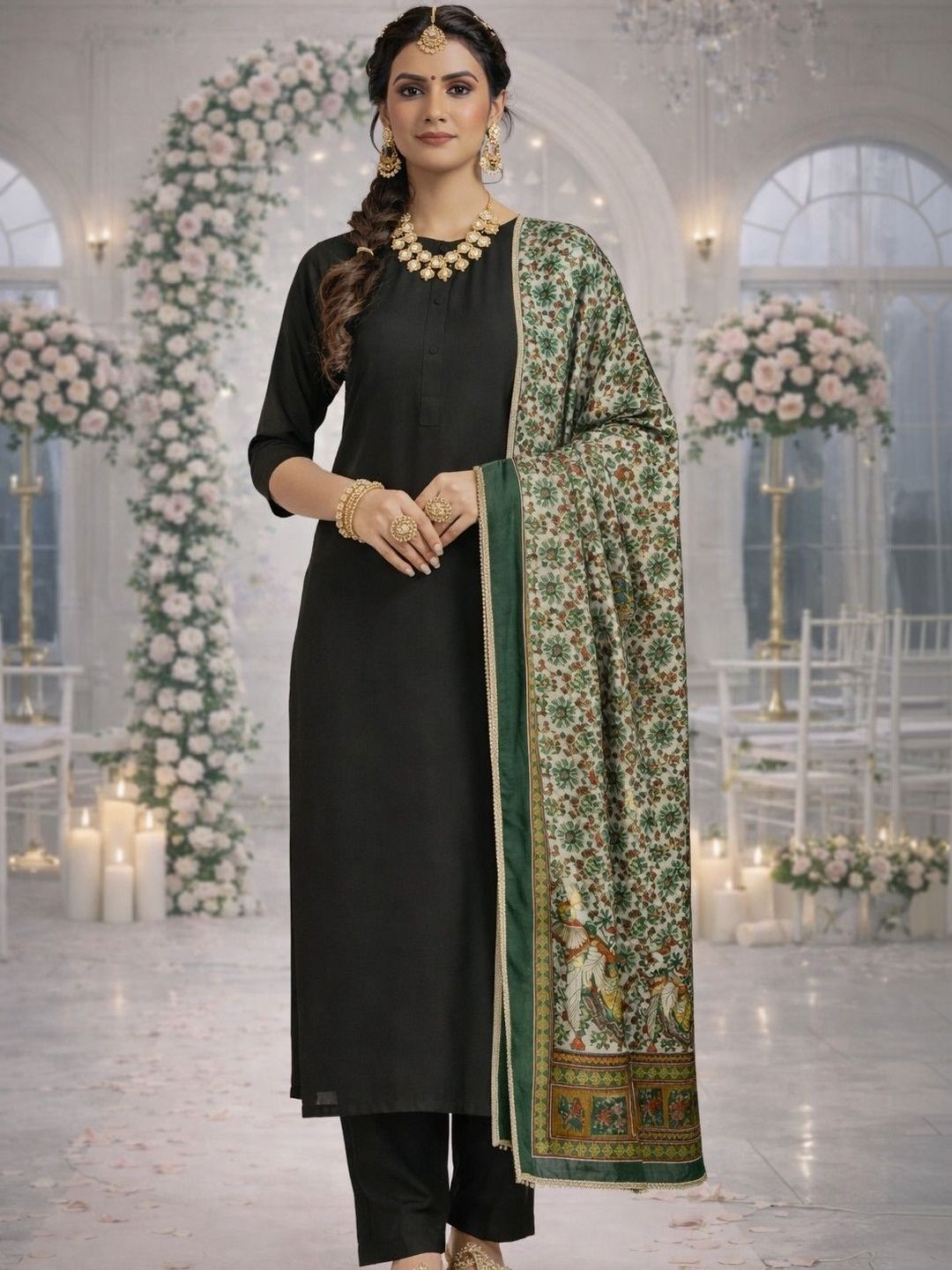 HERE&NOW Ethnic Motifs Printed Kalamkari Dupatta with Thread Work-picture-34