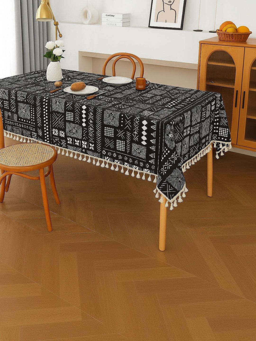 THROWPILLOW Black Geometric Anti-Slip 6-Seater Table Cover with Embellished details-picture-40