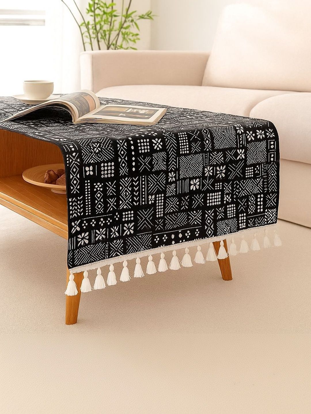 THROWPILLOW Black Geometric Printed Anti-Slip 2-Seater Table Cover with Embellished details-picture-23