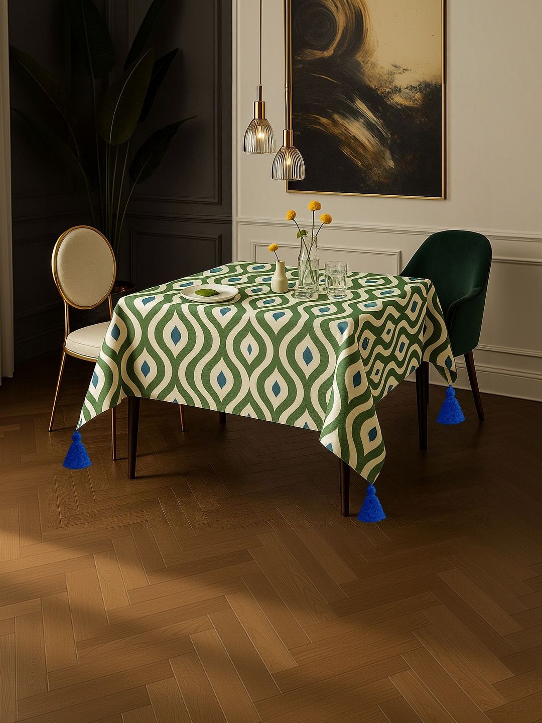 THROWPILLOW Olive Green Geometric Printed Anti-Slip 8-Seater Table Cover with Embellished details-picture-37