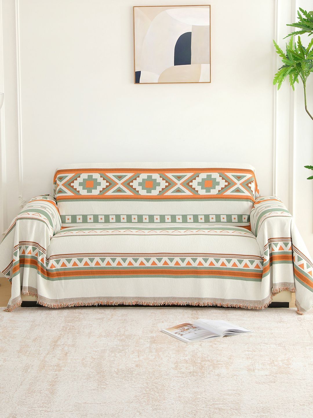 Story@home Off White & Off White Printed 1 Piece Sofa Cover