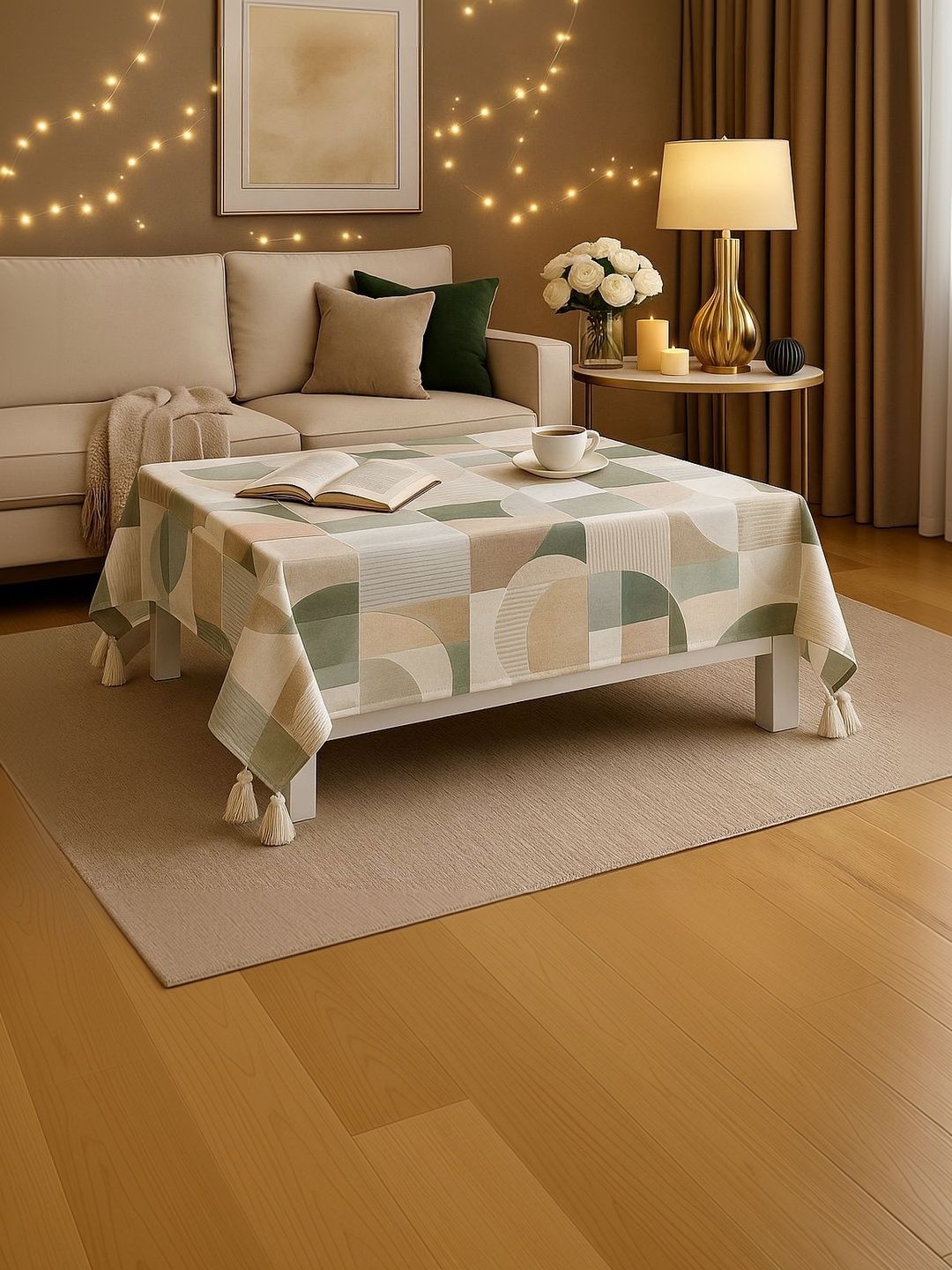 THROWPILLOW Green Geometric Printed Anti-Slip Table Cover with Embellished details-picture-45