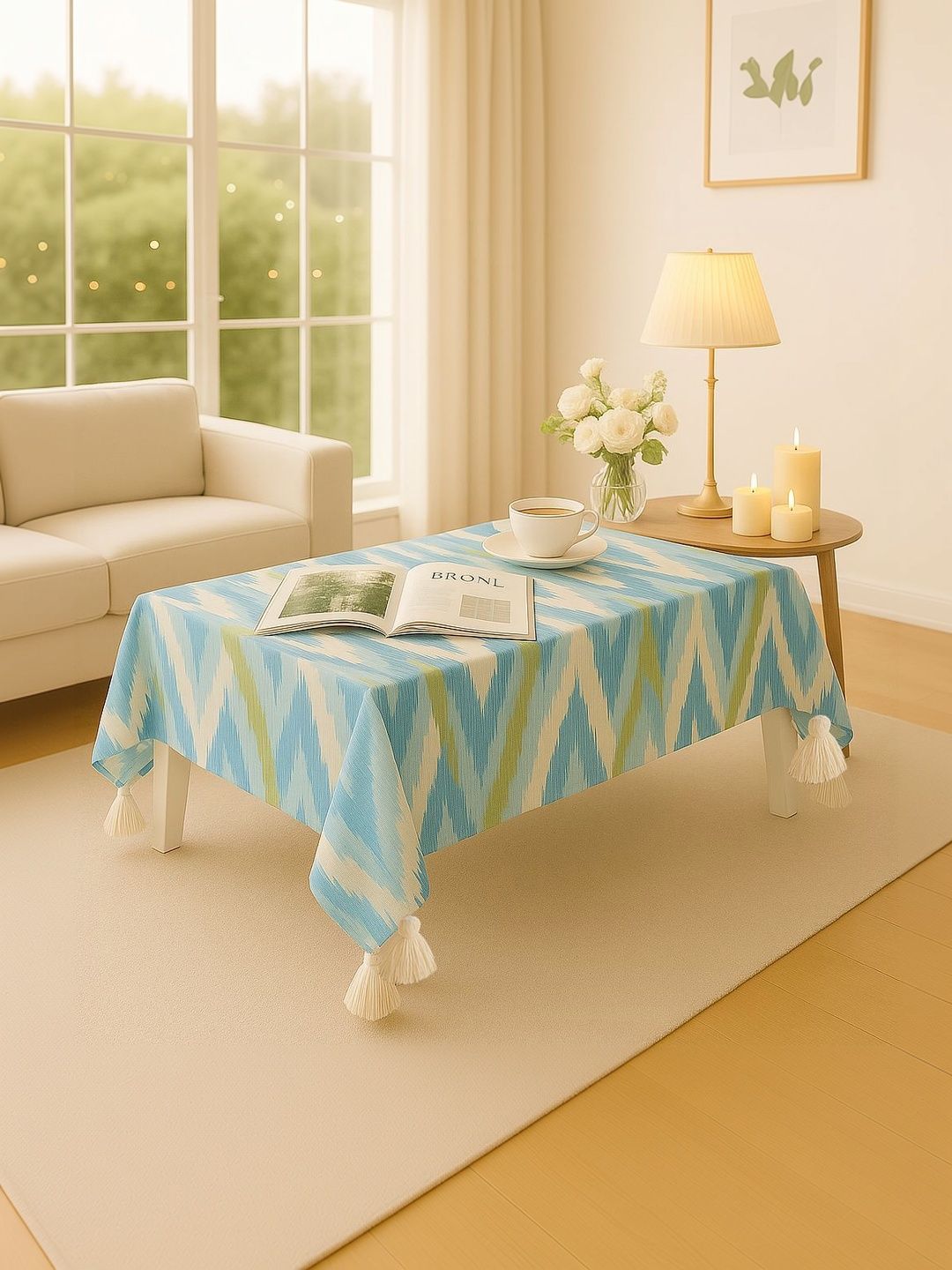 THROWPILLOW Aqua Blue Printed with Corner Small Tassels Table Cover Size 52x132 Inch-image-15