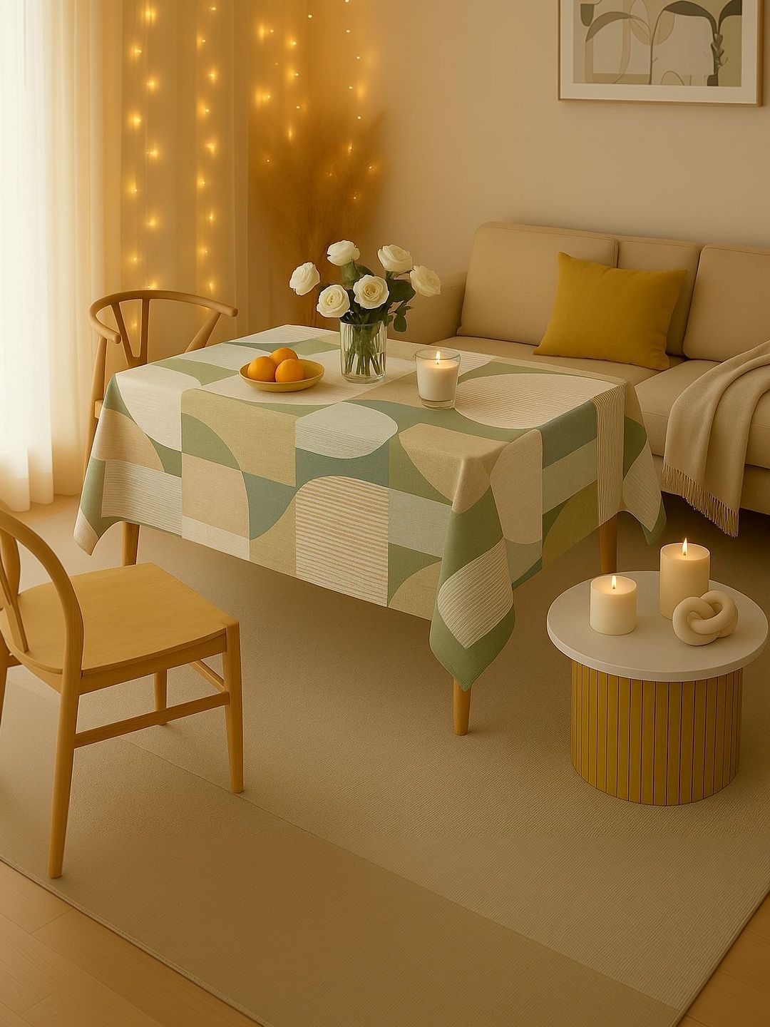 THROWPILLOW Green Geometric Printed Anti-Slip Table Cover with Embellished details-image-41