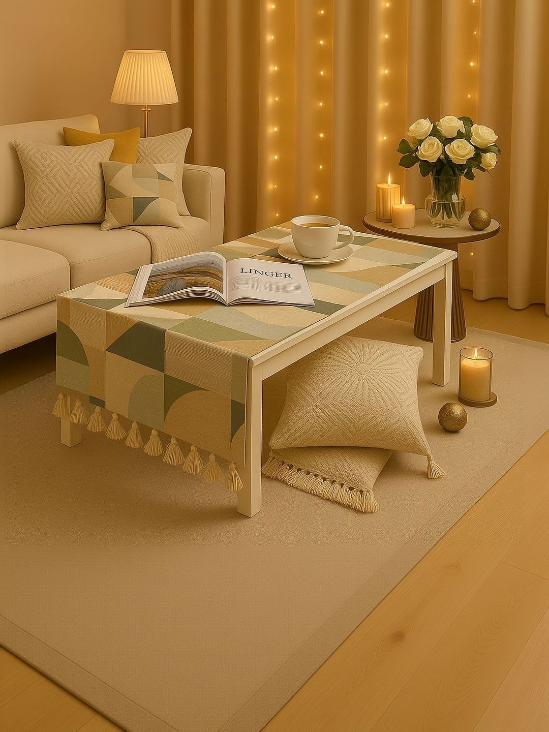 THROWPILLOW Green Geometric Printed Anti-Slip Table Cover with Embellished details-picture-34