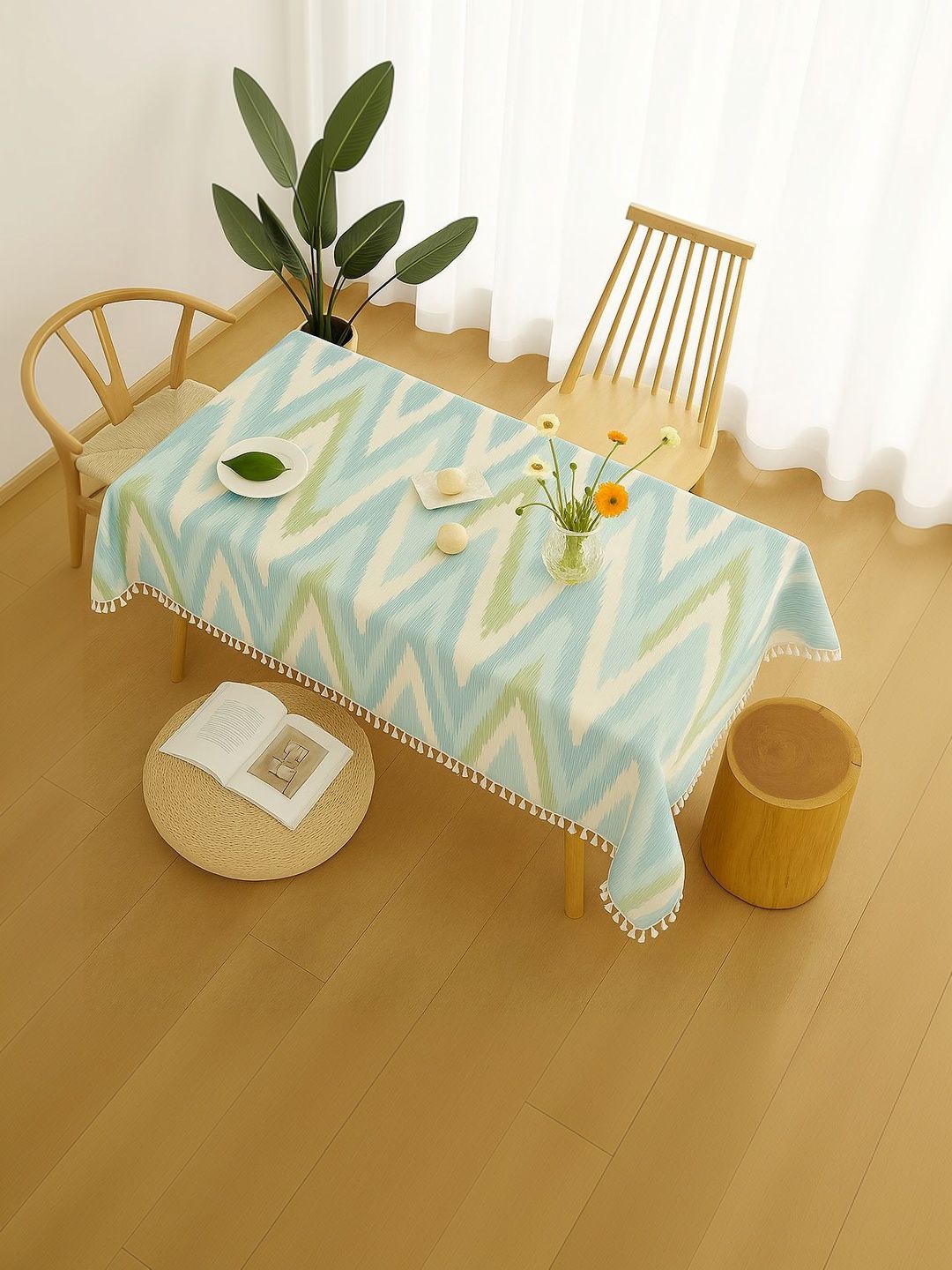 THROWPILLOW Aqua Blue Printed With Trim Tassel Lace 4 Sides Table Cover Size 52x84 Inch-image-49
