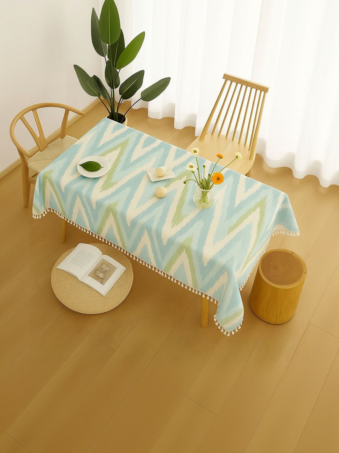 THROWPILLOW Aqua Blue Printed With Trim Tassel Lace 4 Sides Table Cover Size 52x72 Inch-image-48