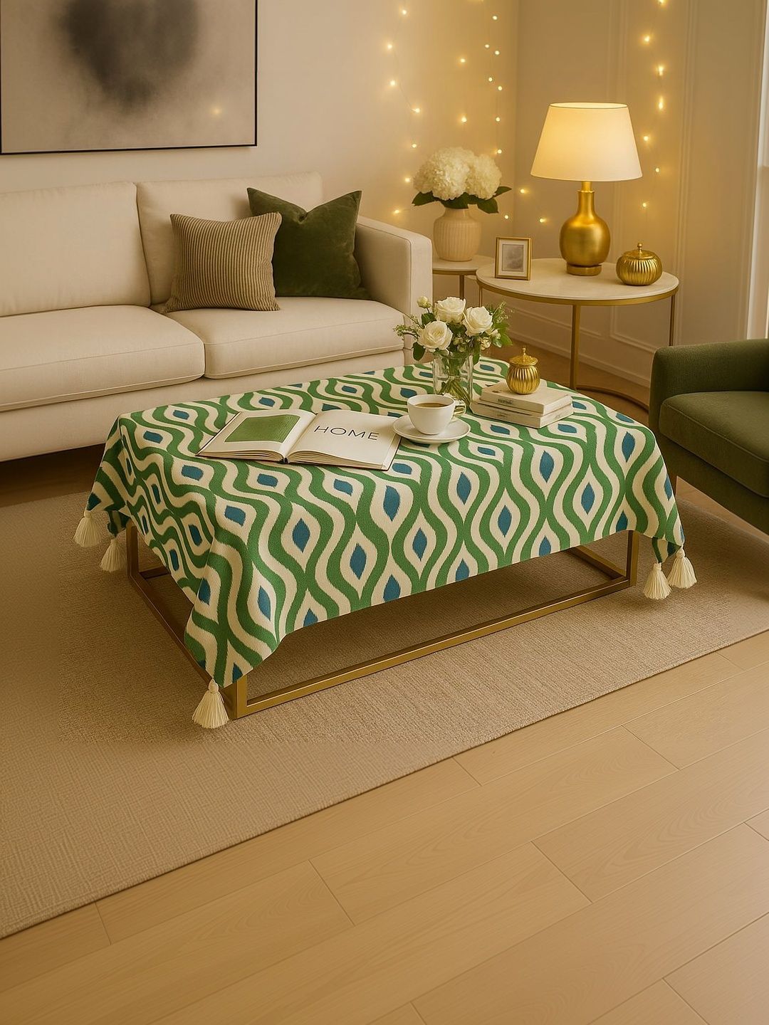 THROWPILLOW Olive Green Geometric Printed Anti-Slip 8-Seater Table Cover with Embellished details-image-32