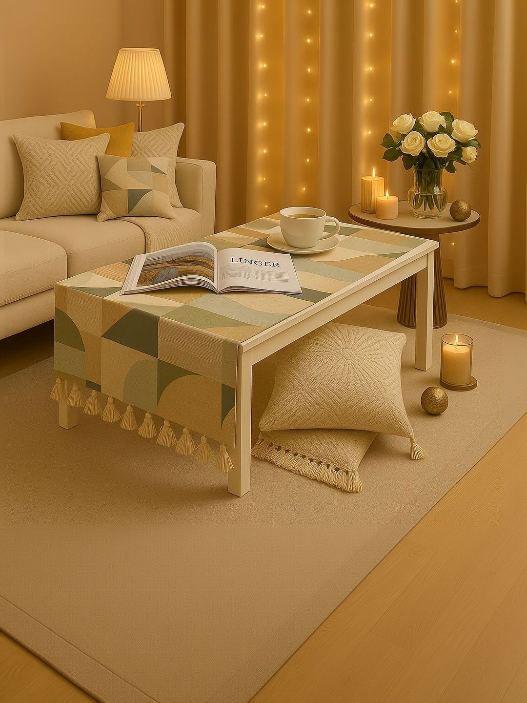 THROWPILLOW Green Geometric Printed Anti-Slip Table Cover with Embellished details-picture-21