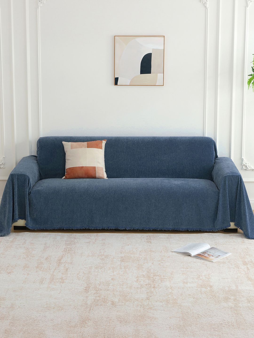 Story@home Navy Blue & Navy Blue Solid 1 Piece Sofa Cover-image-31