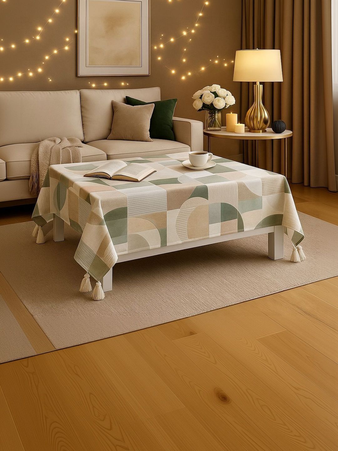 THROWPILLOW Green Geometric Printed Anti-Slip Table Cover with Embellished details-image-40