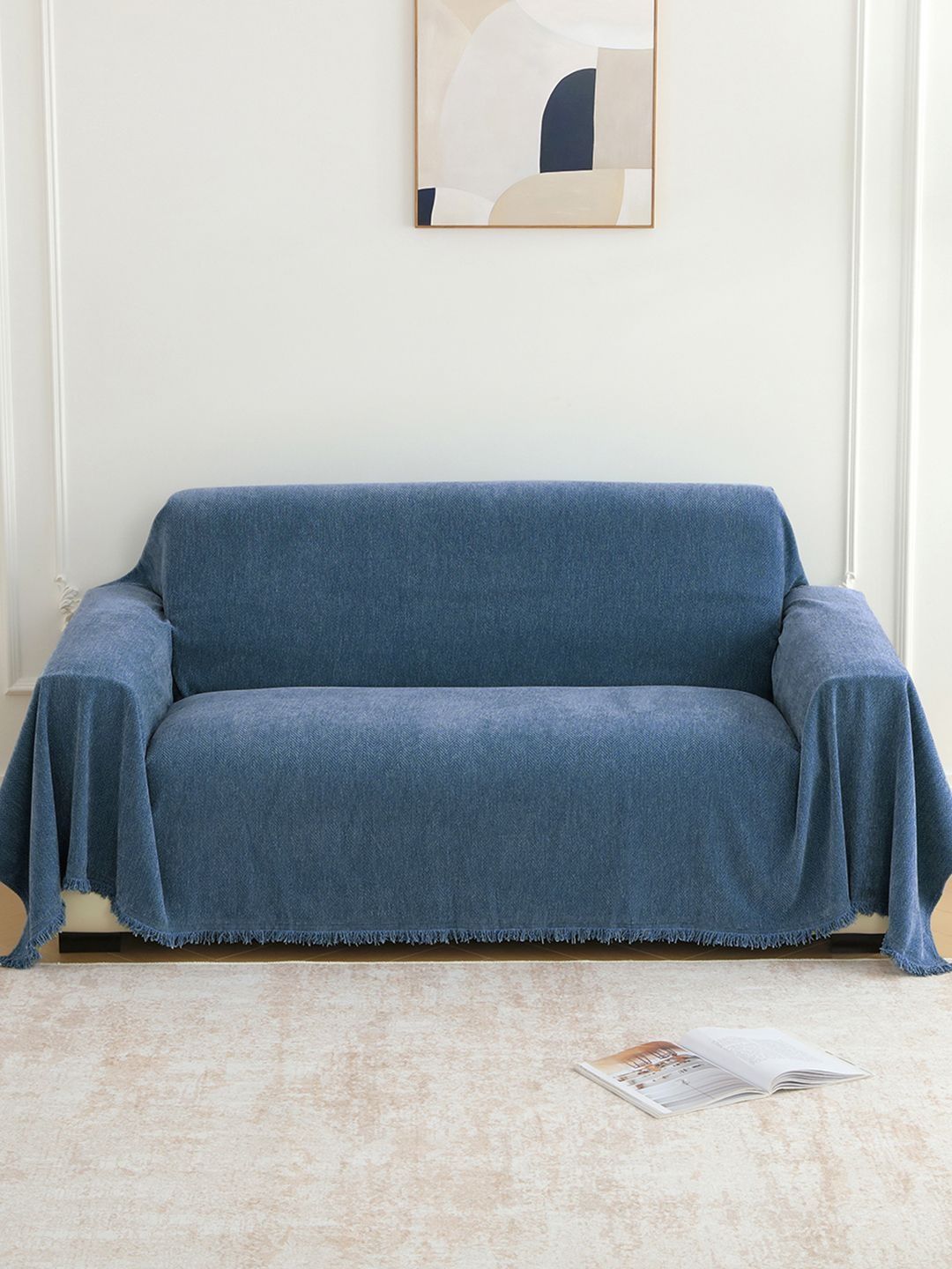 Story@home Navy Blue & Blue Solid 1 Piece Sofa Cover-image-29