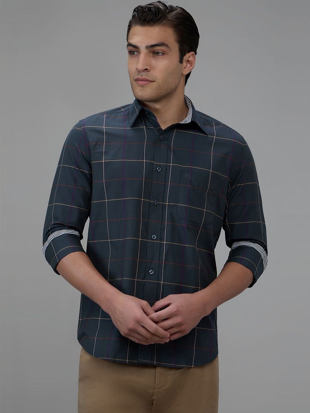 Kenneth Cole Men Premium Slim Fit Windowpane Checks Checked Casual Shirt-image-19