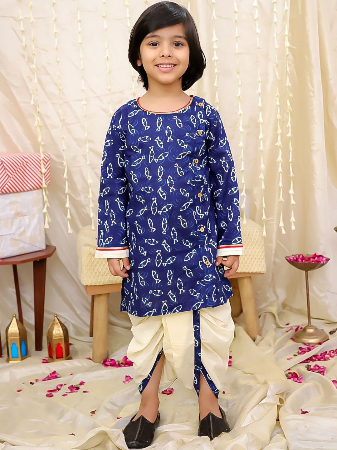 KALINI Boys Ethnic Motifs Printed Angrakha Pure Cotton Kurta with Dhoti Pants-picture-35