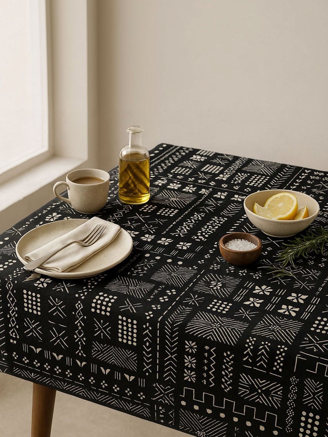 THROWPILLOW Black Geometric Printed Anti-Slip 8-Seater Table Cover with Embellished details-picture-58