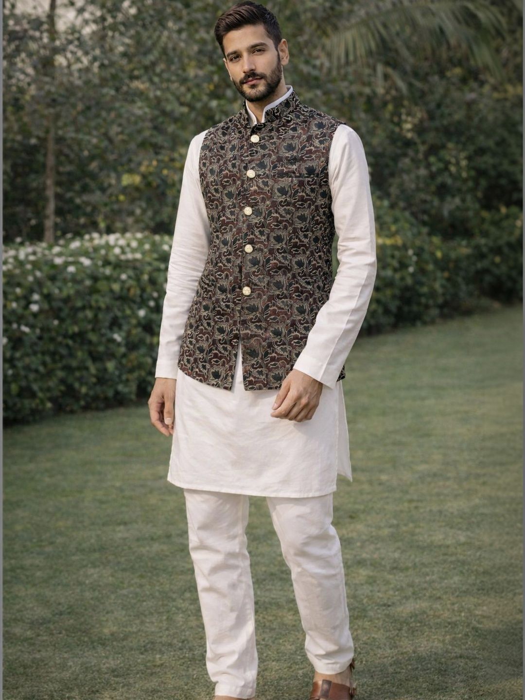 House of Pataudi Woven Designed Mandarin Collar Nehru Jacket-picture-17