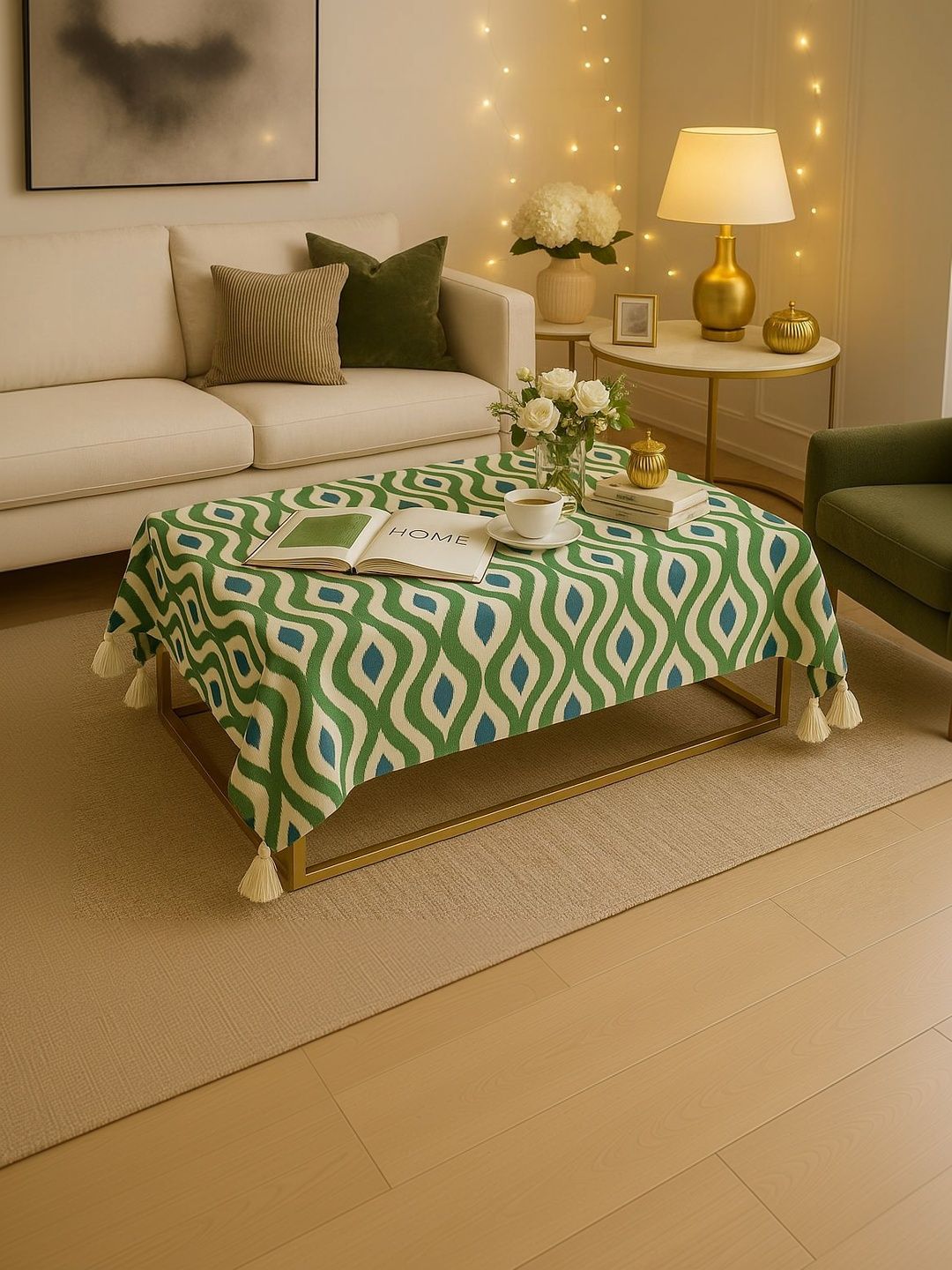 THROWPILLOW Olive Green Geometric Printed Anti-Slip 6-Seater Table Cover with Embellished details-picture-22