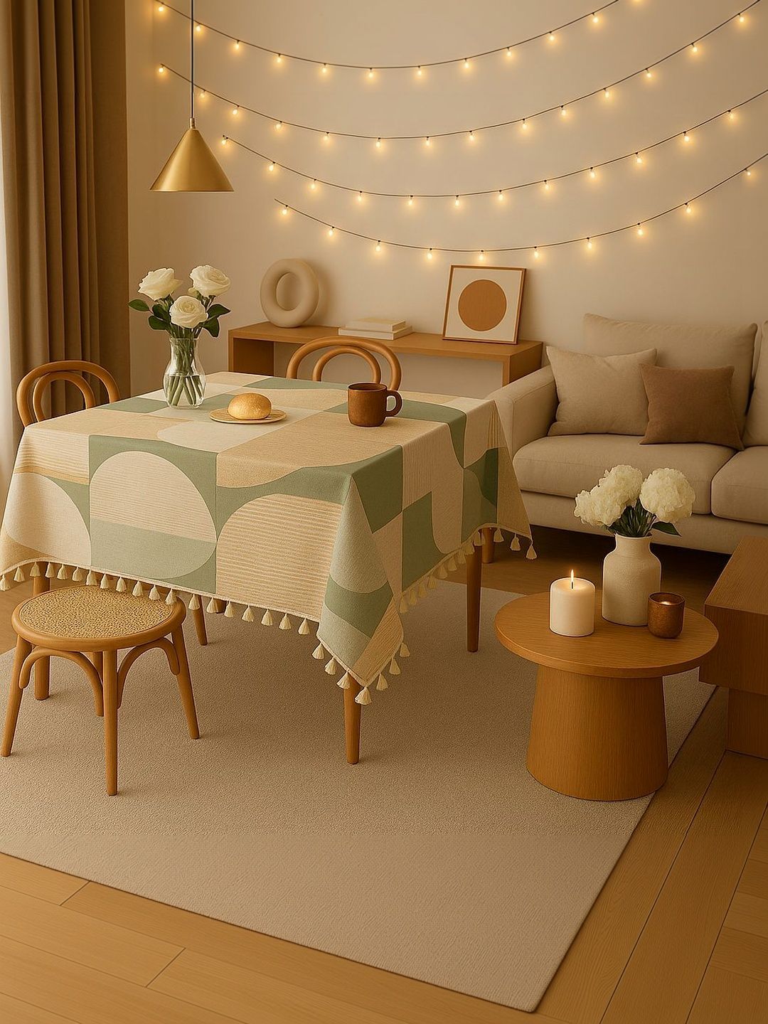 THROWPILLOW Green Geometric Printed Anti-Slip Table Cover with Embellished details-image-43