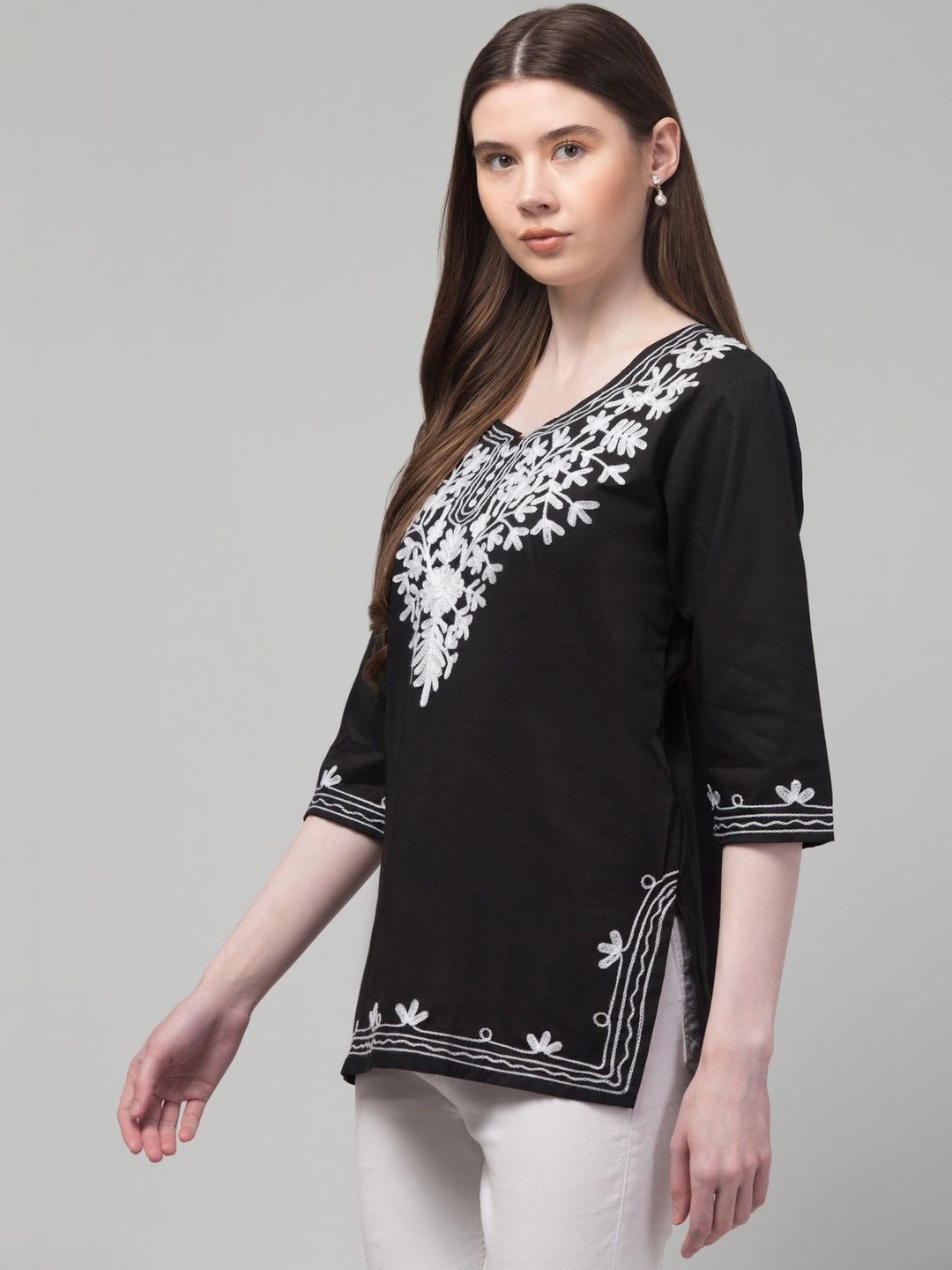 CROWN KING GARMENTS Ethnic Motifs Embroidered V-Neck Chikankari Pure Cotton Chikankari Kurti-picture-27