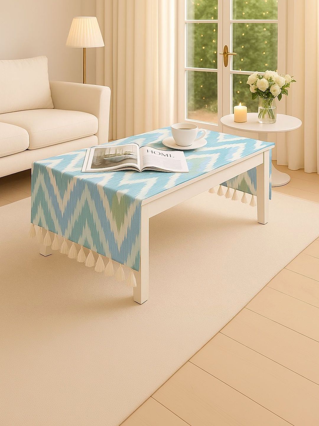 THROWPILLOW Aqua Blue Printed With Trim Tassel Lace Table Cover Size 52x132 Inch-image-6