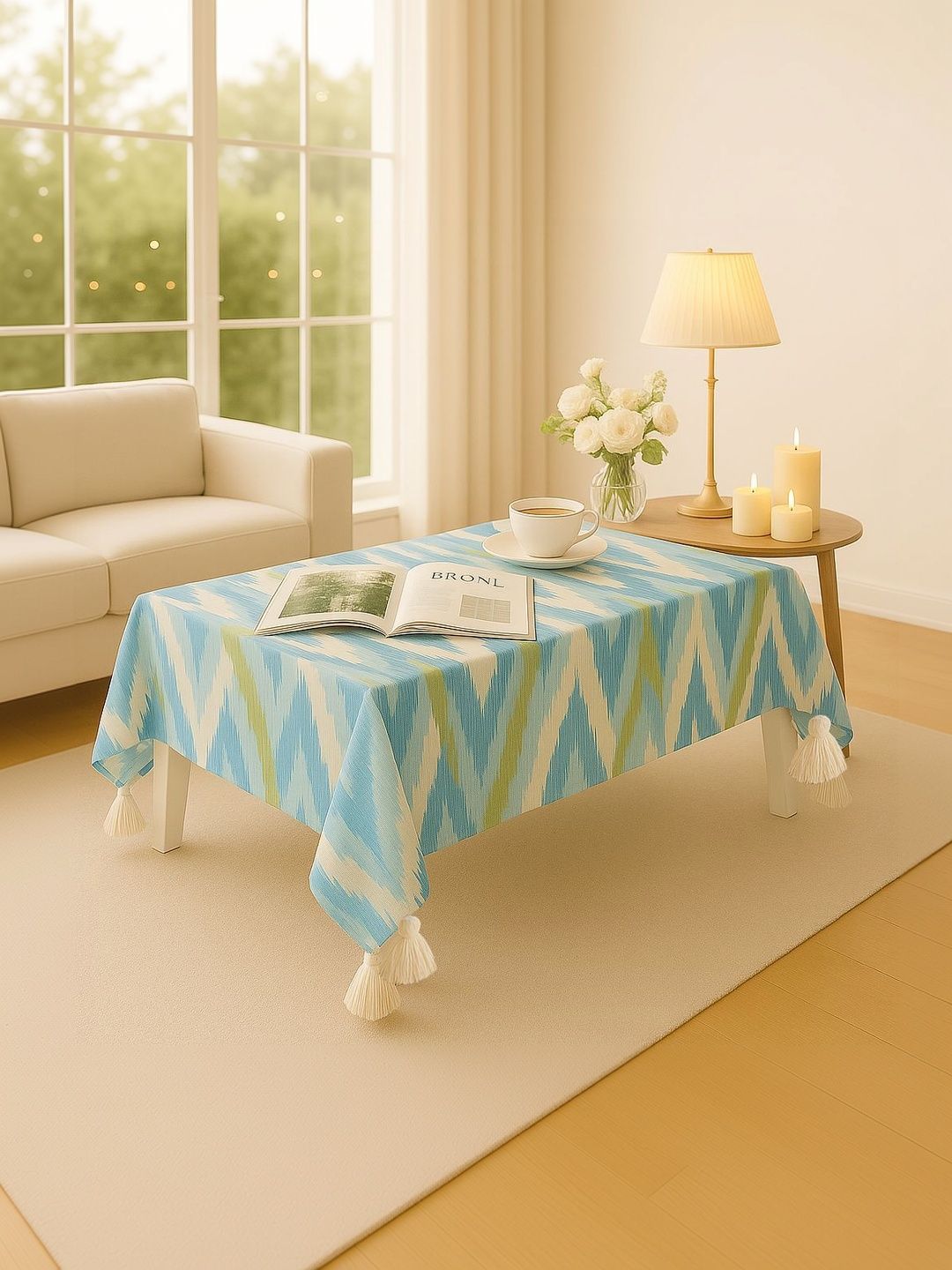 THROWPILLOW Aqua Blue Printed with Corner Small Tassels Table Cover Size 52x96 Inch-picture-16