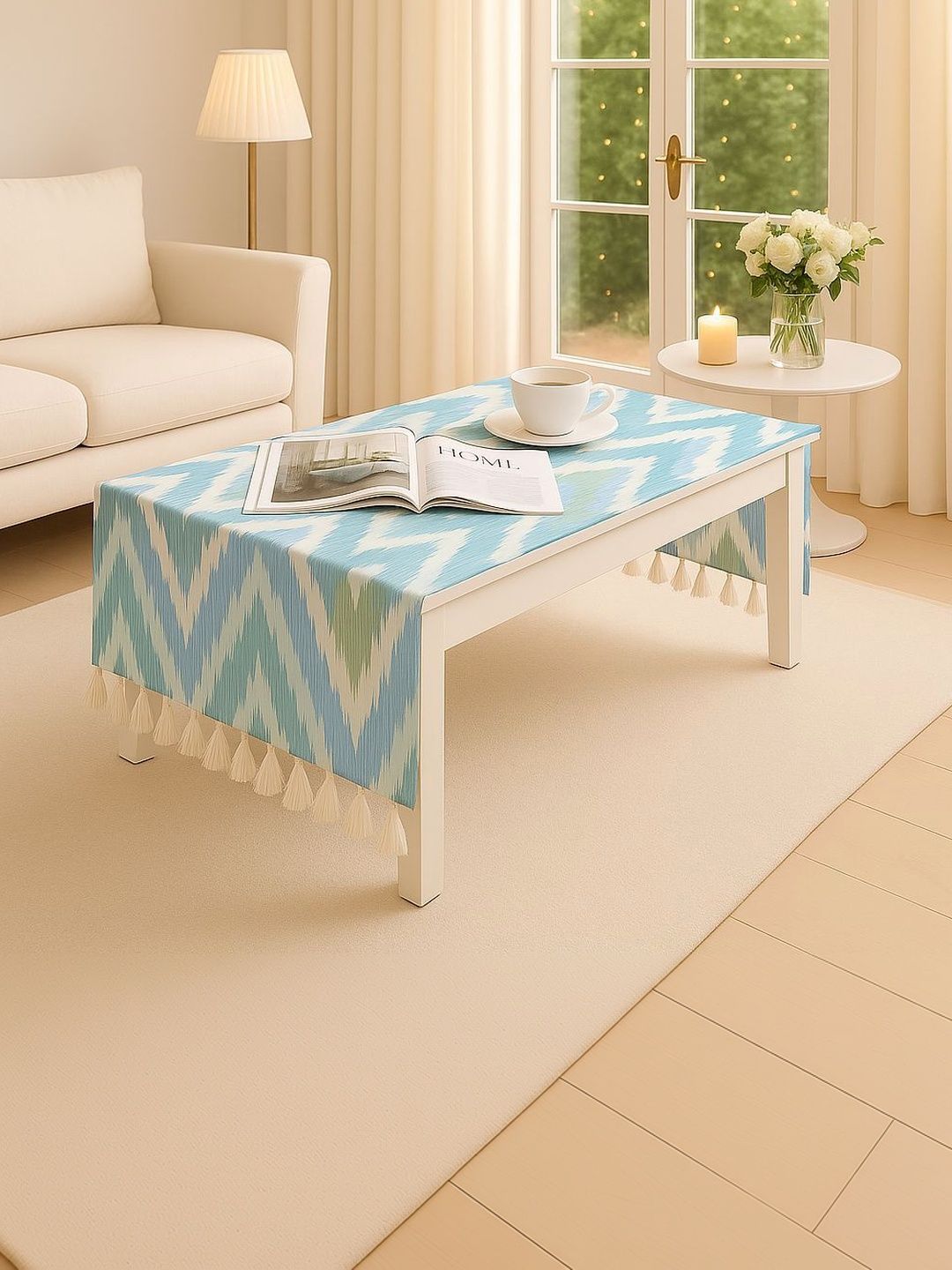THROWPILLOW Aqua Blue Printed With Trim Tassel Lace Table Cover Size 52x120 Inch-image-7