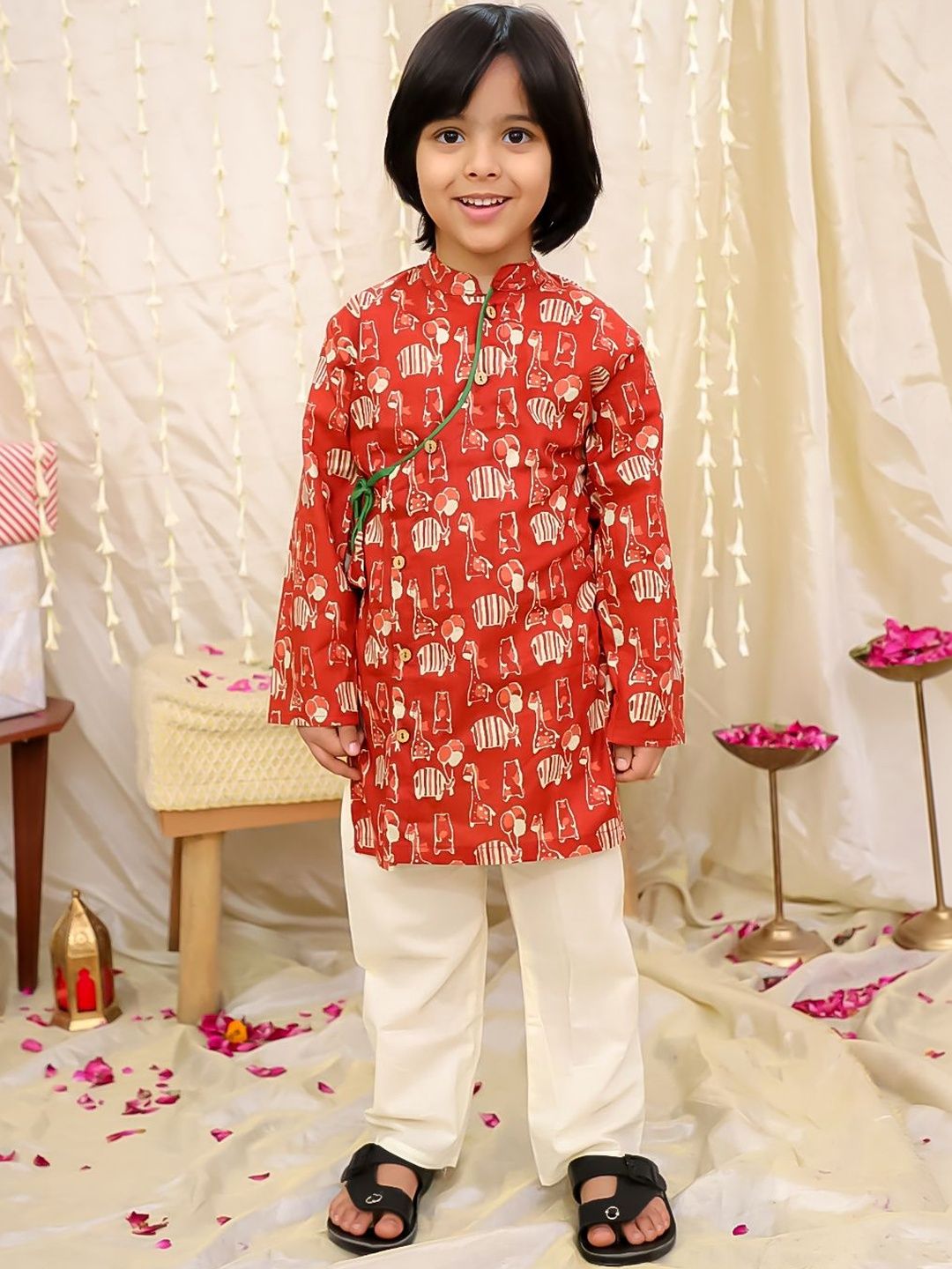 KALINI Boys Ethnic Motifs Printed Angrakha Pure Cotton Kurta with Pyjamas-image-42