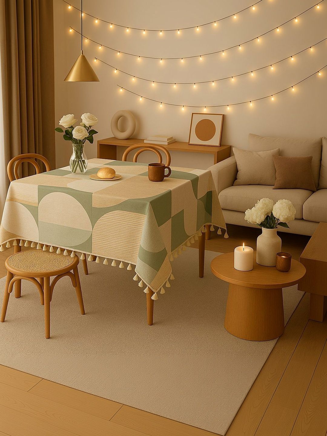 THROWPILLOW Green Geometric Printed Anti-Slip Table Cover with Embellished details-image-36