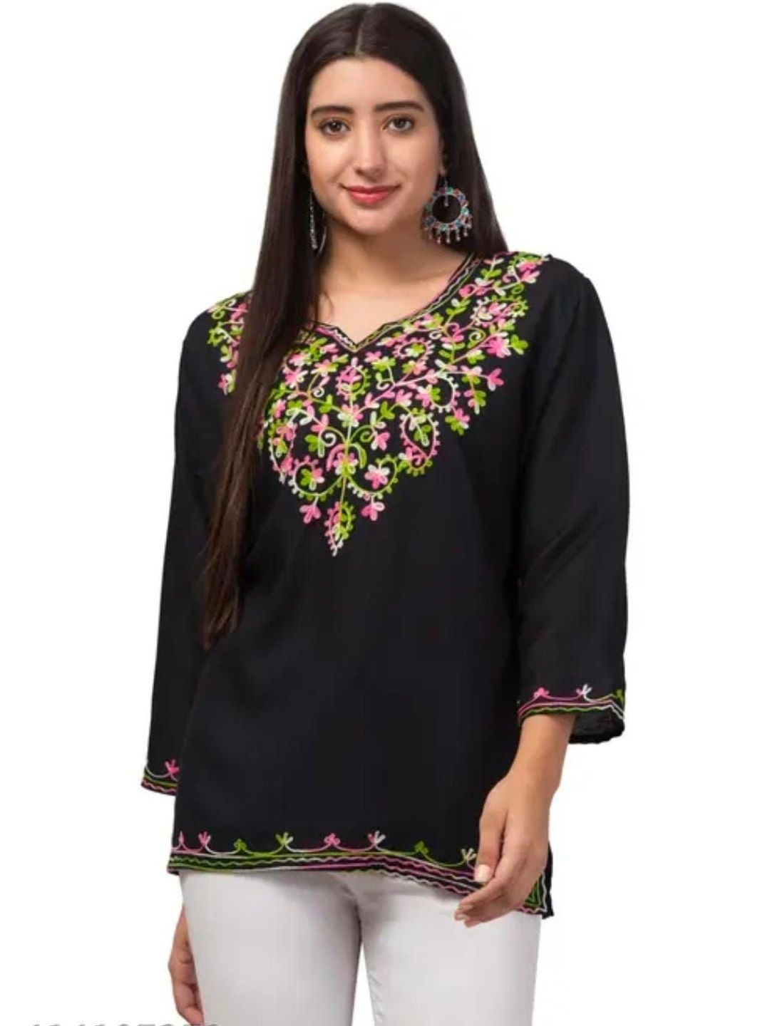 CROWN KING GARMENTS Floral Embroidered V-Neck Thread Work Thread Work Kurti-image-48
