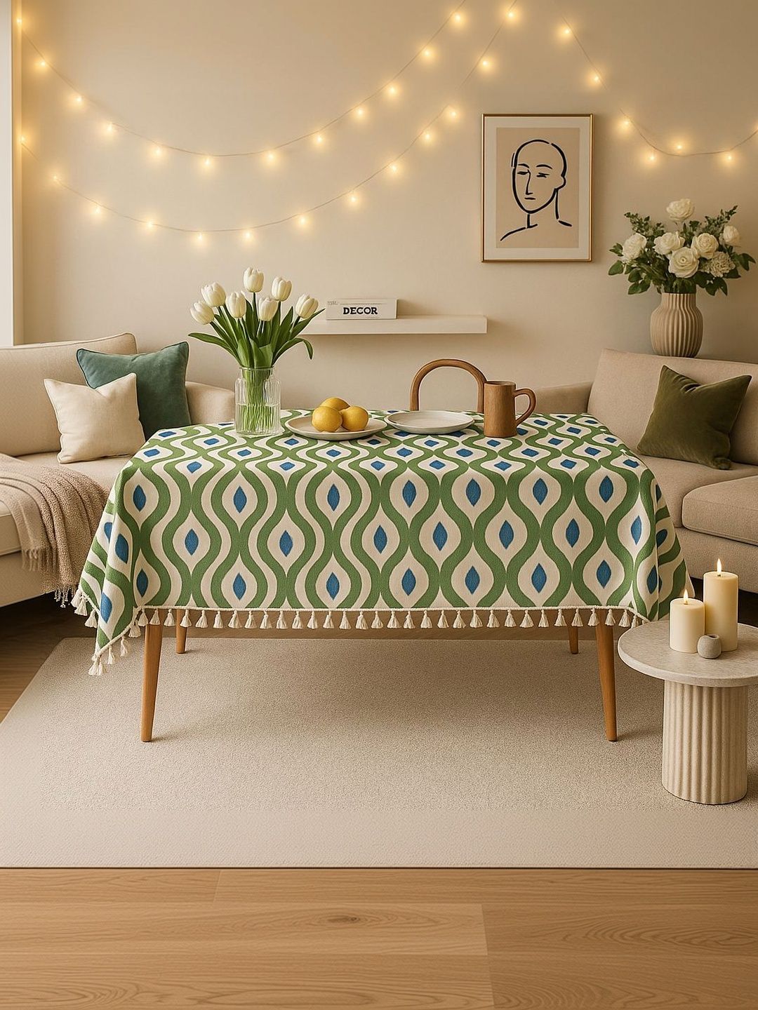 THROWPILLOW Olive Green Geometric Printed Anti-Slip 8-Seater Table Cover-image-36
