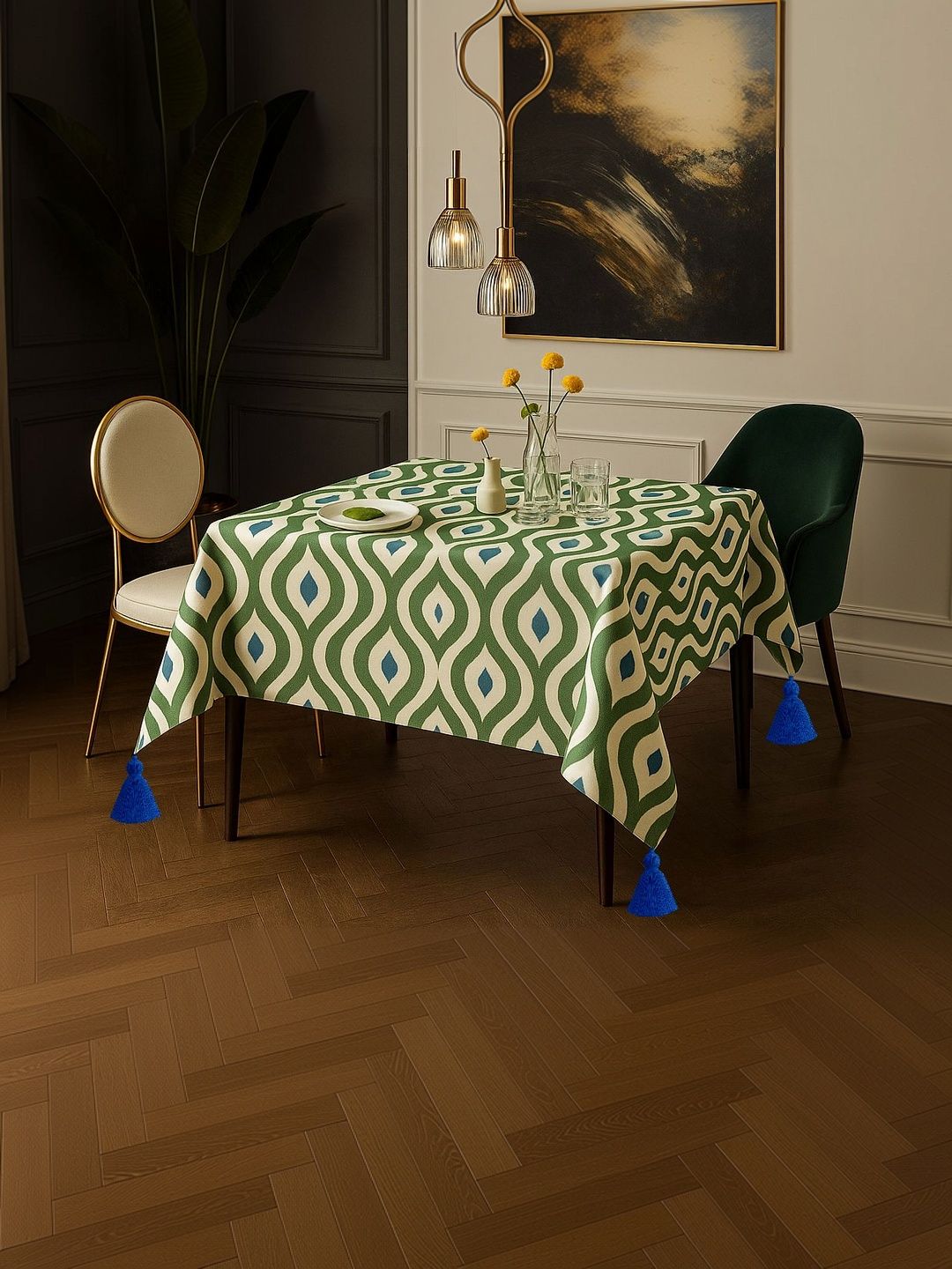 THROWPILLOW Azure Ikat Pattern With Corner Tassel Table Cover -1Pc Size 52X132 Inch-picture-8